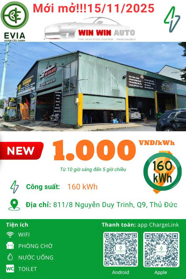 EVIA GLOBAL GREEN KHAI TRƯƠNG TRẠM SẠC XE ĐIỆN CÔNG SUẤT CAO TẠI NGUYỄN DUY TRINH – THỦ ĐỨC